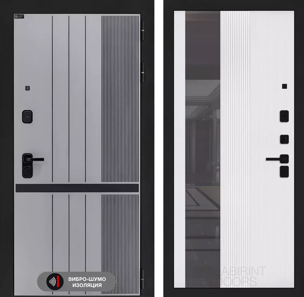 Входная дверь SKYLAB с Зеркалом 32 тонированным - Белый рельеф софт